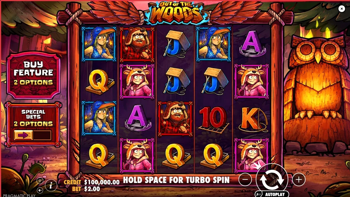 Tampilan visual slot Out of the Woods dengan tema petualangan hutan